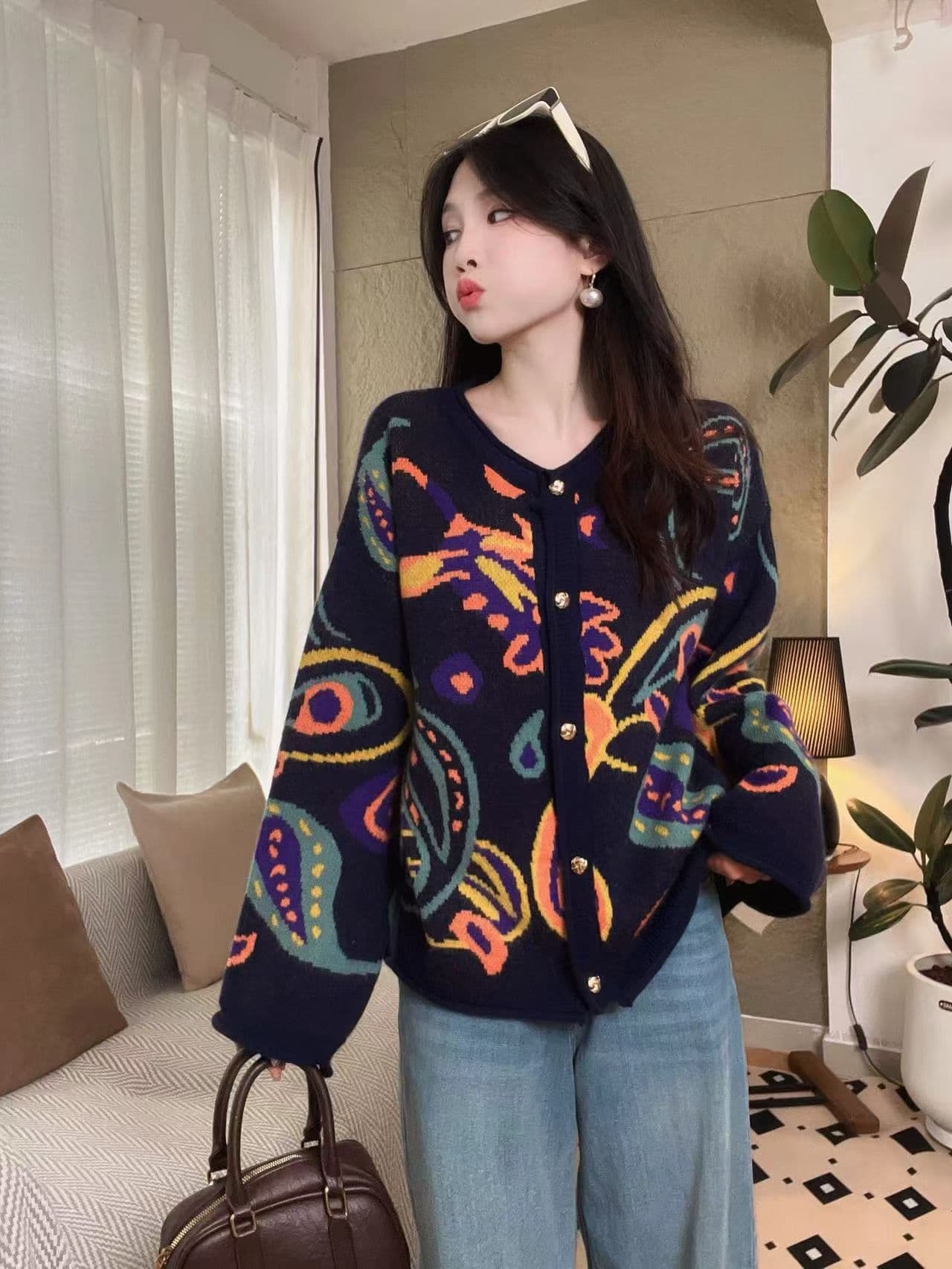 유럽 상품 레트로 색상 자카드 니트 오픈 가디건 여성 2025 년 겨울 새로운 루즈핏 다용도 라운드 넥 스웨터 코트 상세 이미지 5