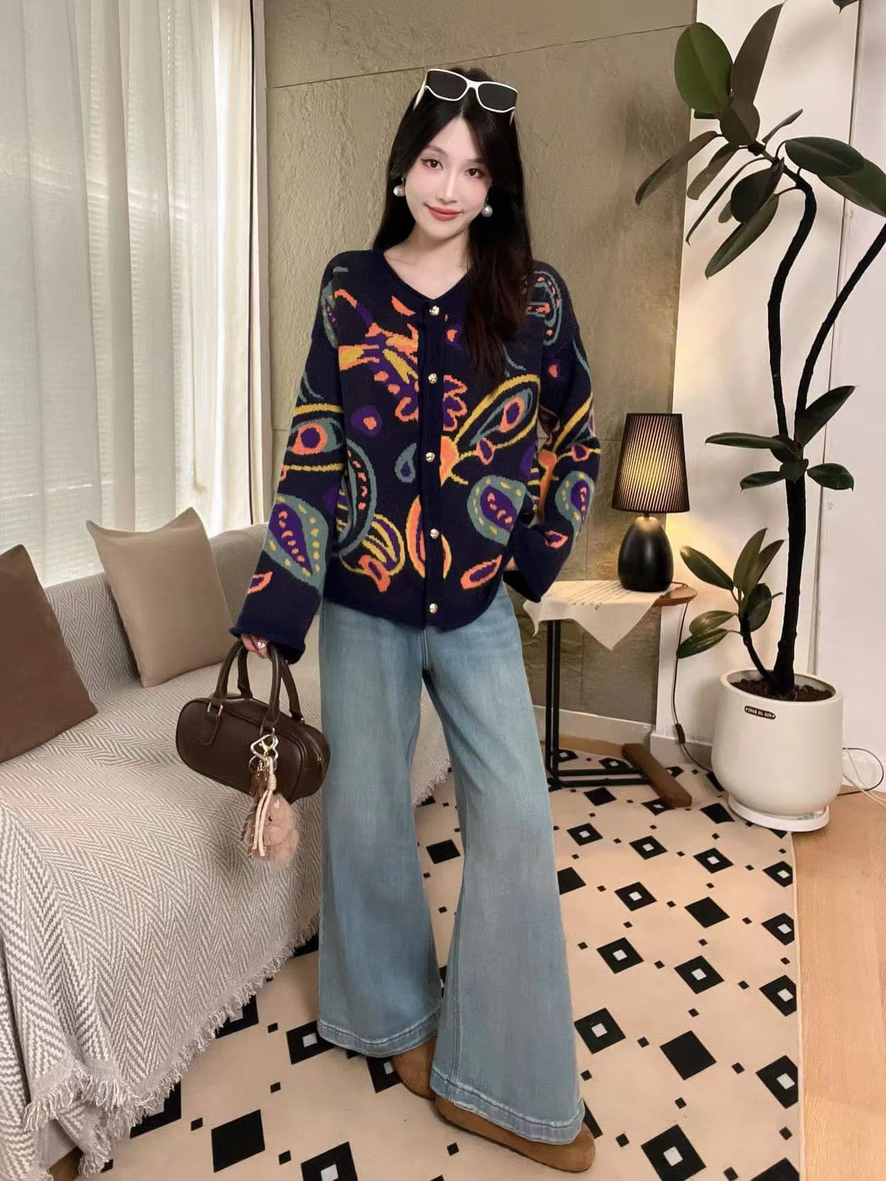 유럽 상품 레트로 색상 자카드 니트 오픈 가디건 여성 2025 년 겨울 새로운 루즈핏 다용도 라운드 넥 스웨터 코트 상세 이미지 10