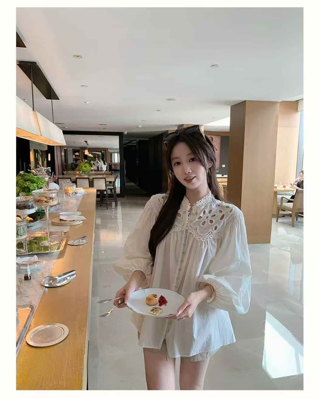 프랑스식 홀로우 아웃 자수 벌룬 소매 여성 셔츠 2026 새로운 봄 외국 가스 고급 캐주얼 루즈핏 긴팔 맨위 상세 이미지 4