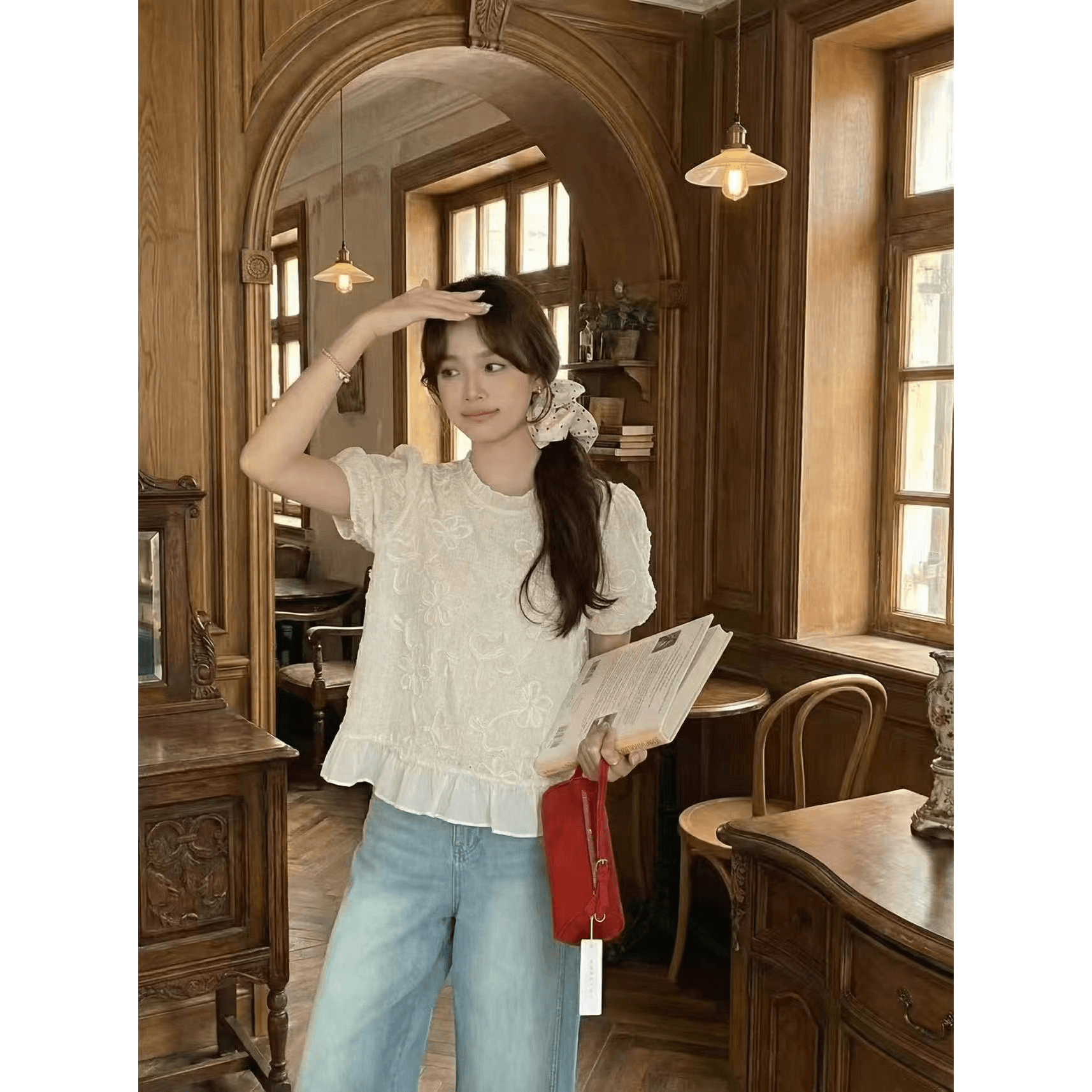 숙녀 바람 화이트 자카드 자수 쉬폰 여성 셔츠 여름 새로운 디자인 센스 루즈핏 표지 배 거품 소매 맨위 이미지 5