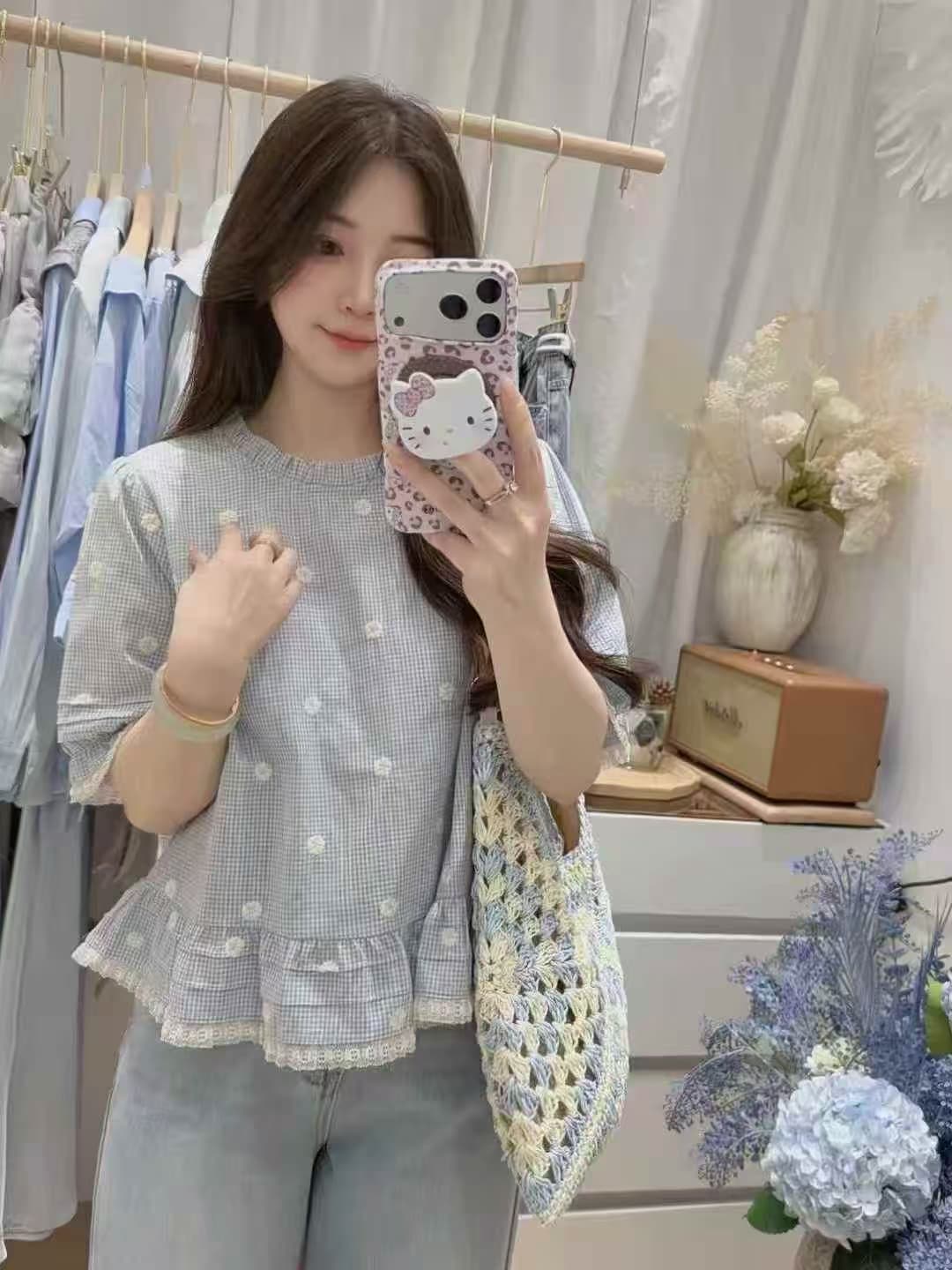 여름 섹션 달콤한 스타일 라운드 넥 자수 체크무늬 패치워크 캐주얼 다용도 여성 셔츠
