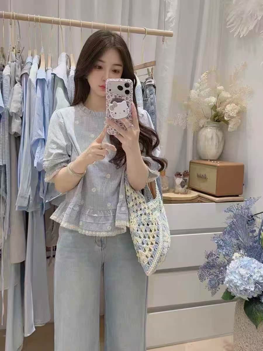 여름 섹션 달콤한 스타일 라운드 넥 자수 체크무늬 패치워크 캐주얼 다용도 여성 셔츠 이미지 2