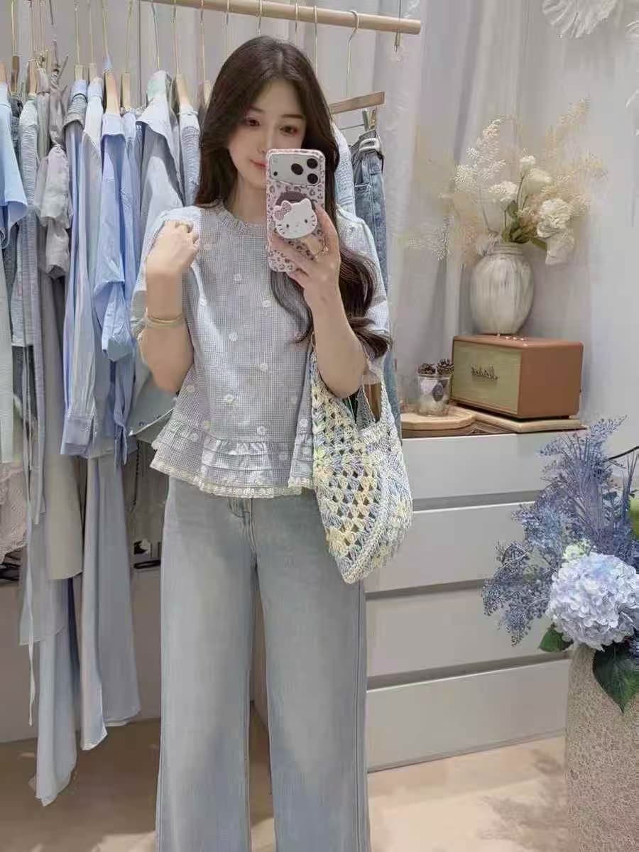 여름 섹션 달콤한 스타일 라운드 넥 자수 체크무늬 패치워크 캐주얼 다용도 여성 셔츠 이미지 4
