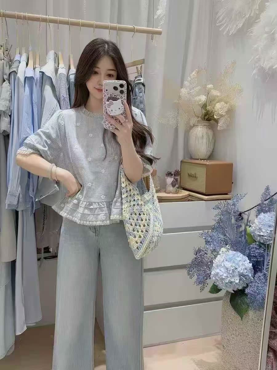 여름 섹션 달콤한 스타일 라운드 넥 자수 체크무늬 패치워크 캐주얼 다용도 여성 셔츠 상세 이미지 8