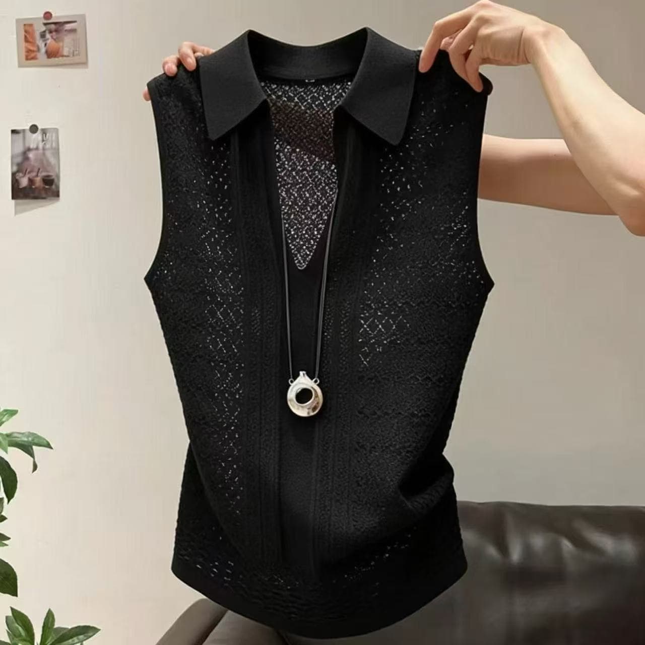 커피 색상 POLO 칼라 민소매 니트 조끼 여성 여름 유럽 상품 레트로 프랑스식 몸매 가꾸기 슬림해 보이는 홀로우 아웃 다용도 맨위 상세 이미지 9