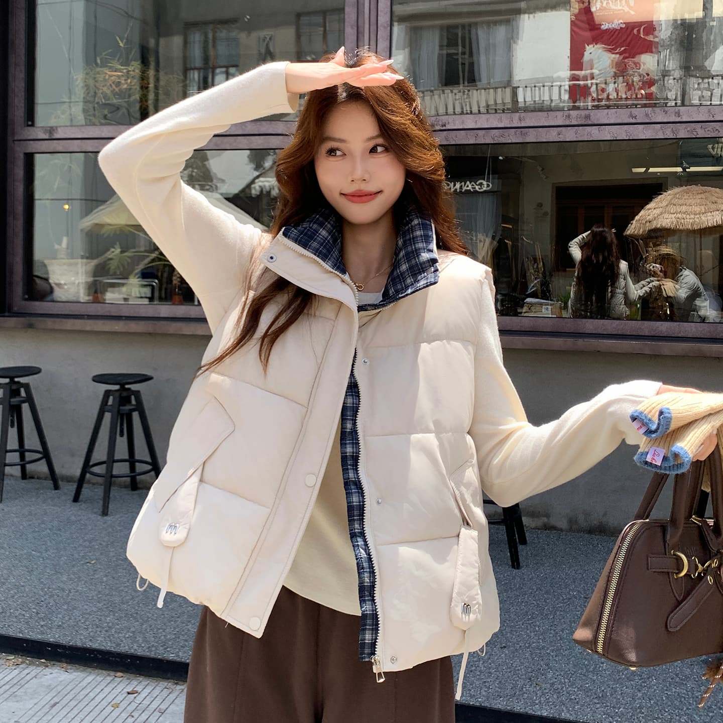 면 베스트 여성 코트 가을 겨울 2026 새로운 패션 쇼트 스타일 외출용 두꺼운 스탠드 칼라 민소매 조끼 조끼 이미지 5