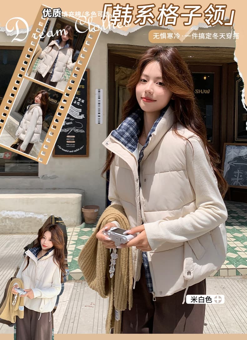 면 베스트 여성 코트 가을 겨울 2026 새로운 패션 쇼트 스타일 외출용 두꺼운 스탠드 칼라 민소매 조끼 조끼 상세 이미지 2