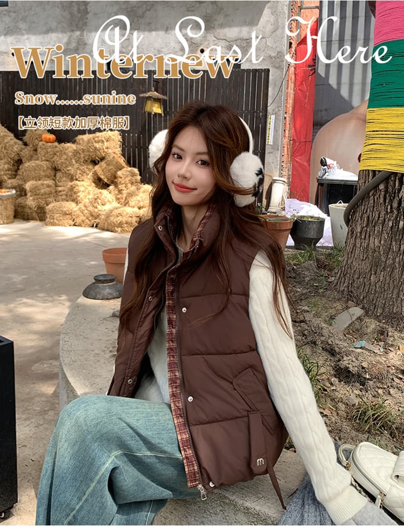 면 베스트 여성 코트 가을 겨울 2026 새로운 패션 쇼트 스타일 외출용 두꺼운 스탠드 칼라 민소매 조끼 조끼 상세 이미지 8