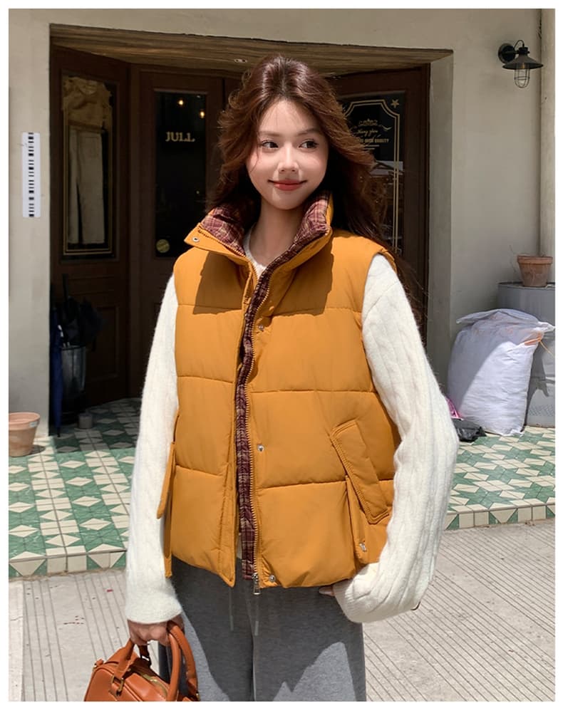 면 베스트 여성 코트 가을 겨울 2026 새로운 패션 쇼트 스타일 외출용 두꺼운 스탠드 칼라 민소매 조끼 조끼 상세 이미지 28
