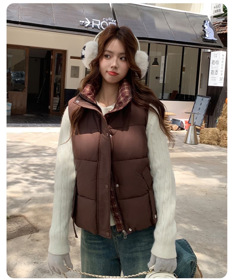 면 베스트 여성 코트 가을 겨울 2026 새로운 패션 쇼트 스타일 외출용 두꺼운 스탠드 칼라 민소매 조끼 조끼 상세 이미지 32