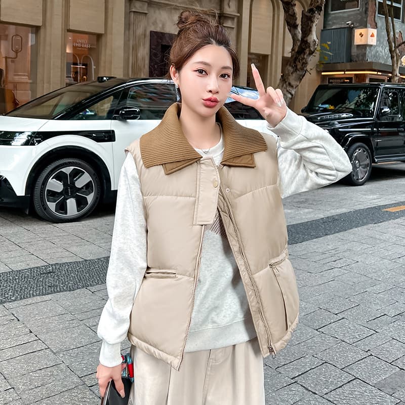면 베스트 여성 코트 가을 겨울 2026 새로운 패션 쇼트 스타일 외출용 두꺼운 스탠드 칼라 민소매 조끼 조끼 이미지 2