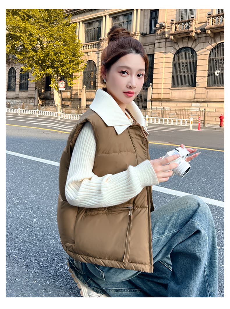 면 베스트 여성 코트 가을 겨울 2026 새로운 패션 쇼트 스타일 외출용 두꺼운 스탠드 칼라 민소매 조끼 조끼 상세 이미지 22