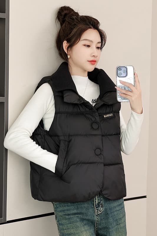 면 베스트 여성 코트 가을 겨울 2026 새로운 패션 쇼트 스타일 외출용 두꺼운 스탠드 칼라 민소매 조끼 조끼 이미지 6