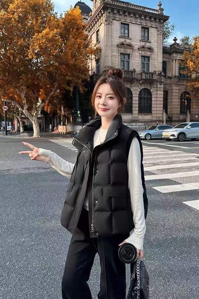 면 베스트 여성 코트 가을 겨울 2026 새로운 패션 쇼트 스타일 외출용 두꺼운 스탠드 칼라 민소매 조끼 조끼 이미지 6