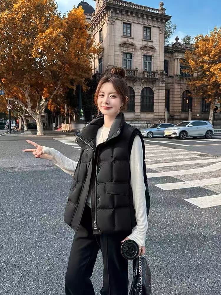 면 베스트 여성 코트 가을 겨울 2026 새로운 패션 쇼트 스타일 외출용 두꺼운 스탠드 칼라 민소매 조끼 조끼 상세 이미지 15