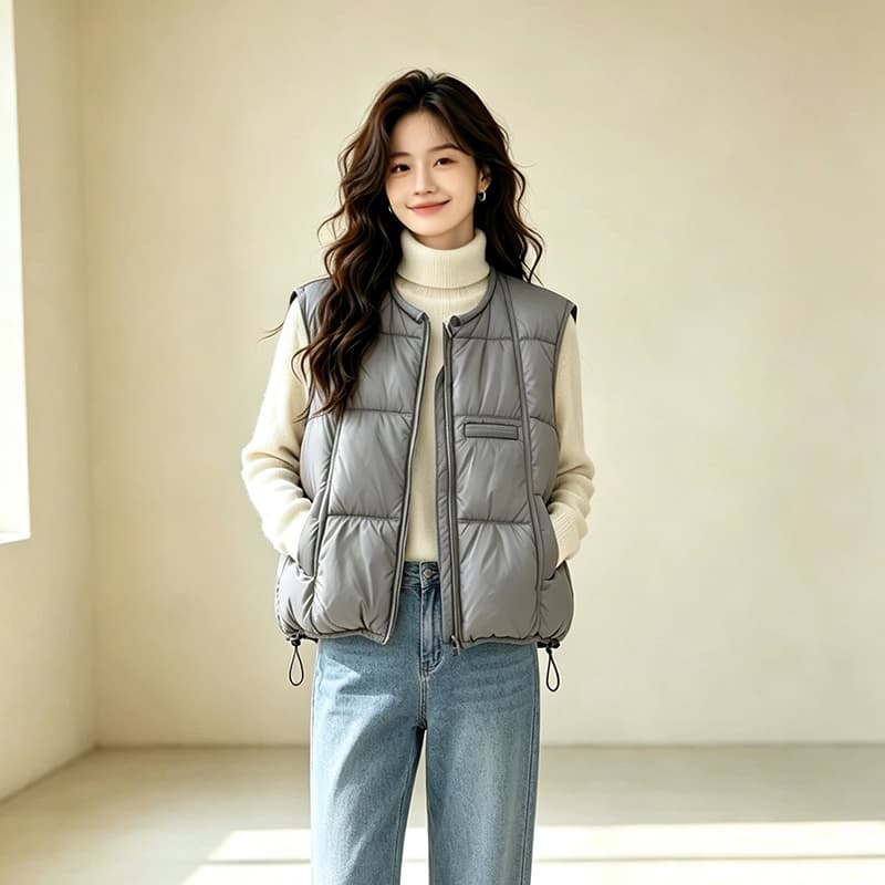 면 베스트 여성 코트 가을 겨울 2026 새로운 패션 쇼트 스타일 외출용 두꺼운 스탠드 칼라 민소매 조끼 조끼 이미지 2