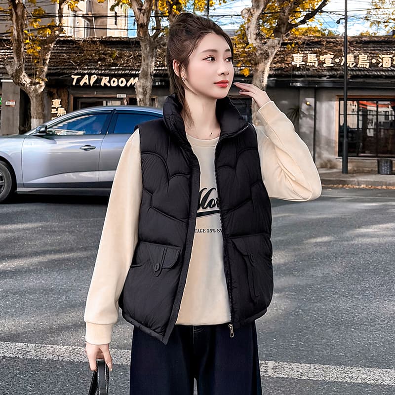 면 베스트 여성 코트 가을 겨울 2026 새로운 패션 쇼트 스타일 외출용 두꺼운 스탠드 칼라 민소매 조끼 조끼 이미지 3