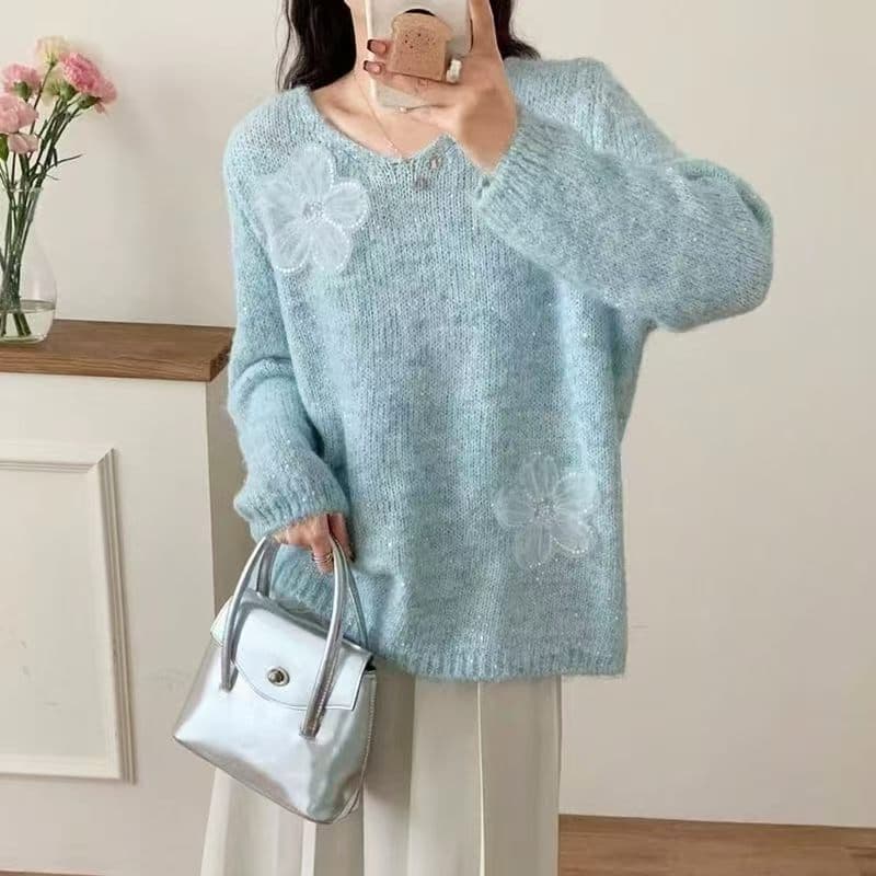 무거운 작업 스팽글 V넥 만나는 니트 스웨터 스웨터 여자 봄 가을 빅 사이즈 지방 mm 슬림해 보이는 연령 감소 3 차원 꽃 맨위 상세 이미지 8