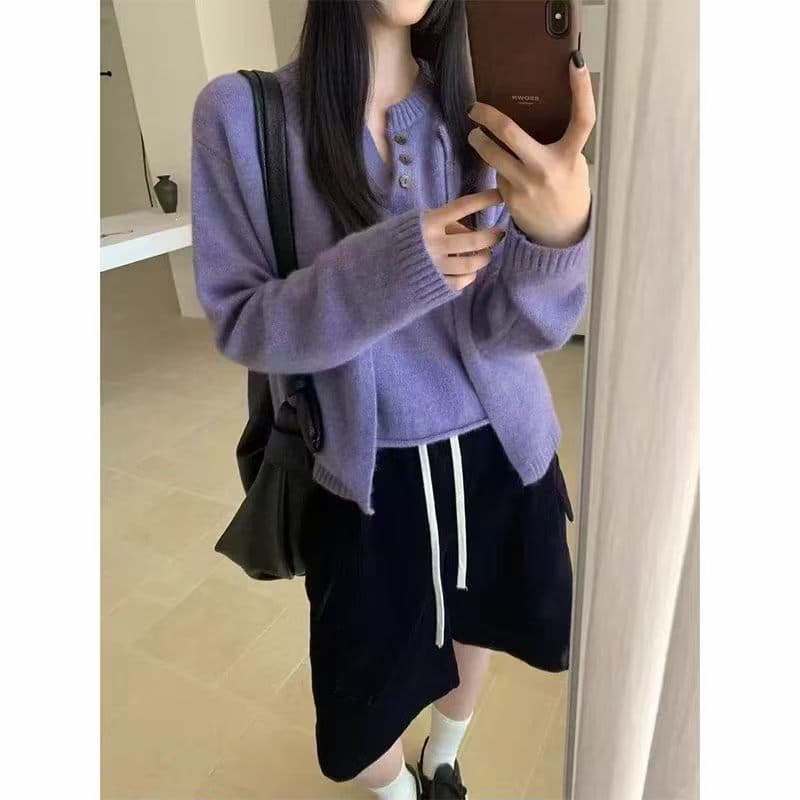 페이크 레이어드 니트 스웨터 여성 가을 겨울철 새로운 쇼트 스타일 느긋한 바람 부드러운 찹쌀 스웨터 라운드 넥 긴팔 맨위 외부 탑 상세 이미지 7