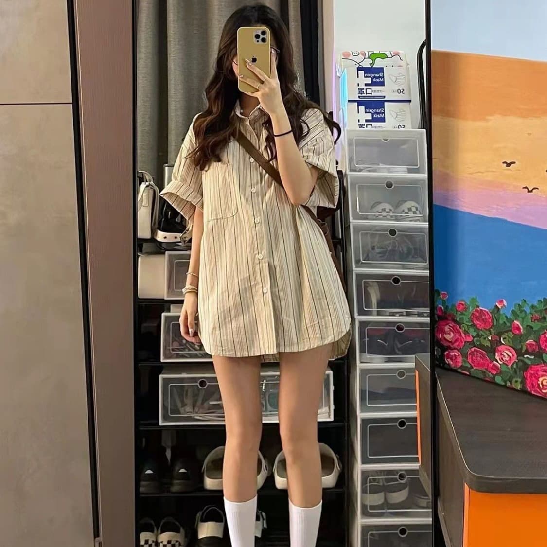 레트로 스택 착용 세로 줄무늬 셔츠 항구 바람 루즈핏 다용도 고급 디자인 센스 작은 대중 셔츠 이미지 2