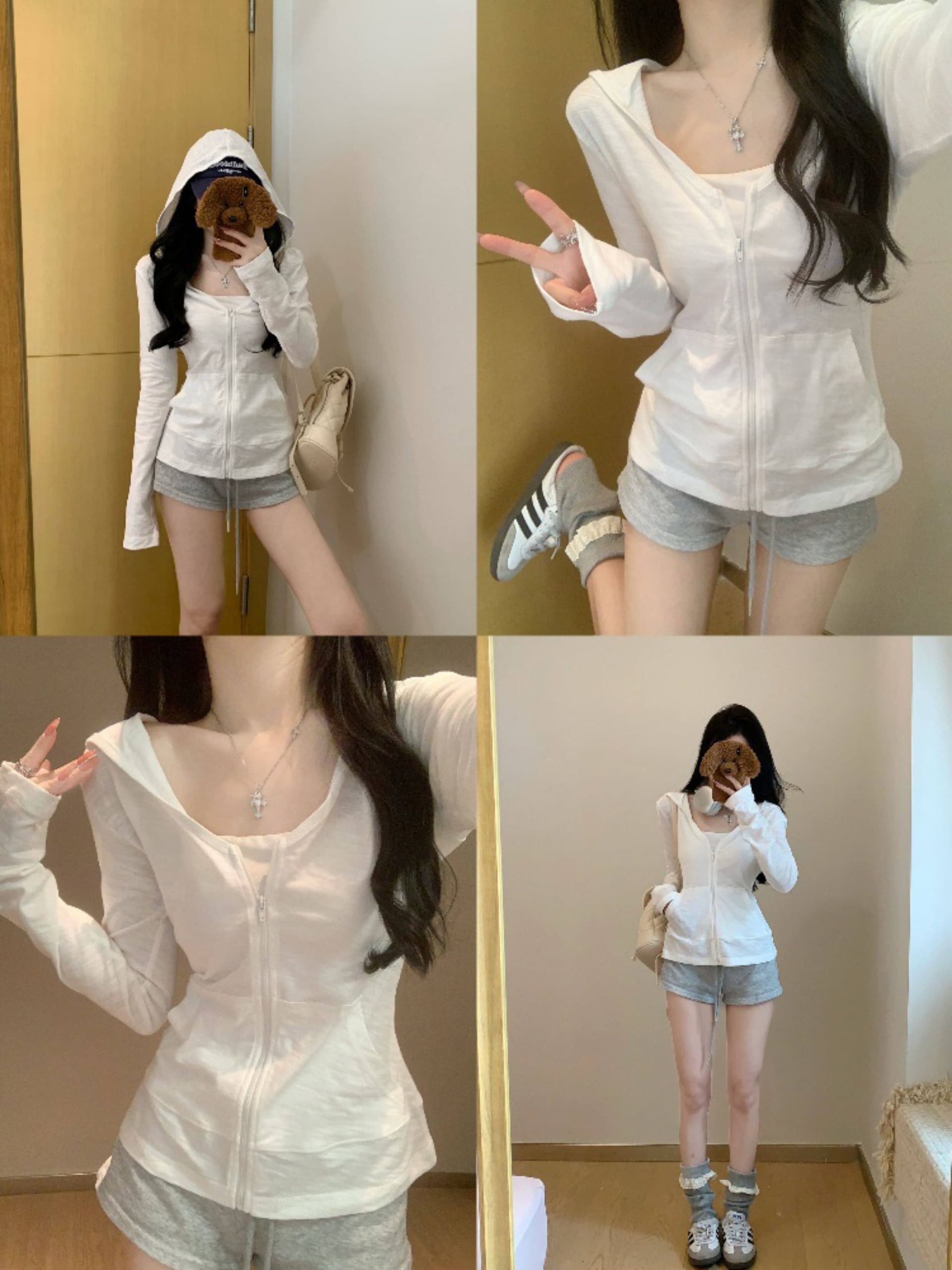 순수한 욕망 바람 miu 부서 화이트 후드 지퍼 자외선 차단 얇은 스타일 재킷 오픈 가디건 여성 봄 2026 긴팔 티셔츠 맨위 상세 이미지 5