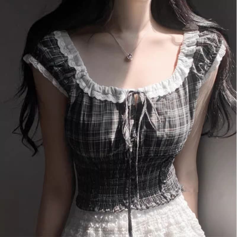 한국 chic 여름 연령 감소 레트로 작은 대중 디자인 센스 품격 패션 펌프 로프 네클라인 몸매 가꾸기 반팔 여성 셔츠