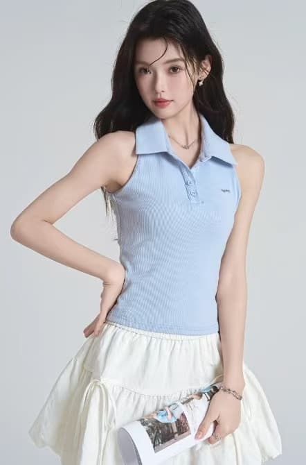 원본 품질 순수한 욕망 바람 핫걸 오프숄더 POLO 칼라 민소매 조끼 작은 키 몸매 가꾸기 맨위 여름 이미지 2