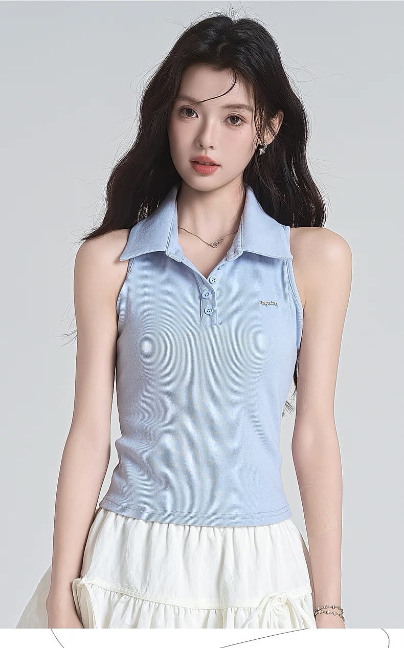원본 품질 순수한 욕망 바람 핫걸 오프숄더 POLO 칼라 민소매 조끼 작은 키 몸매 가꾸기 맨위 여름 상세 이미지 12