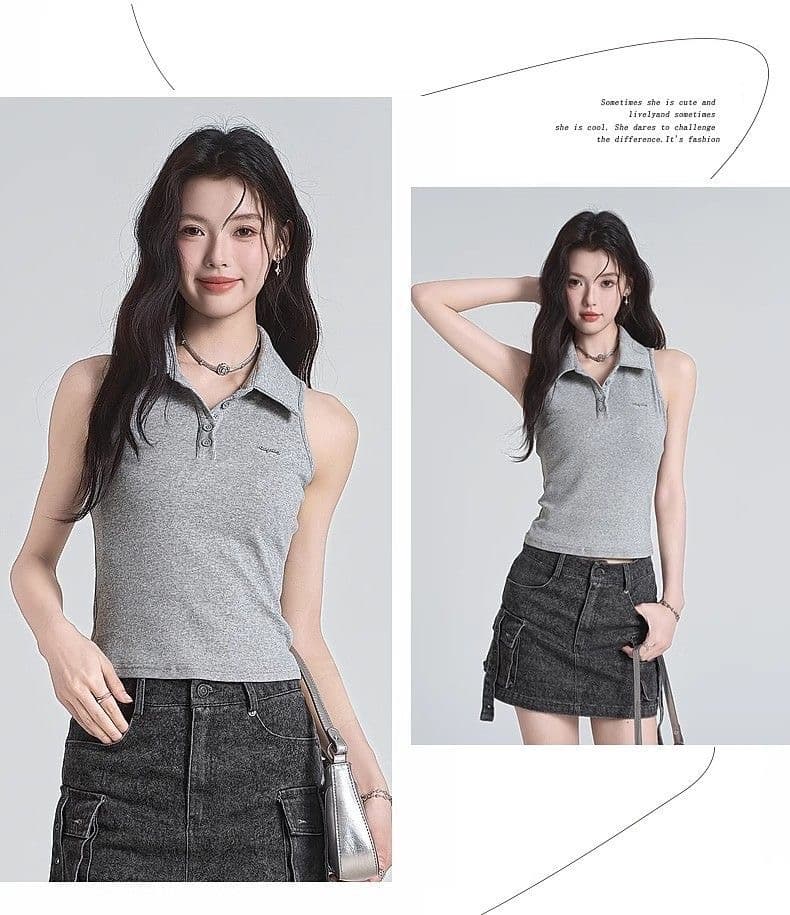 원본 품질 순수한 욕망 바람 핫걸 오프숄더 POLO 칼라 민소매 조끼 작은 키 몸매 가꾸기 맨위 여름 상세 이미지 16