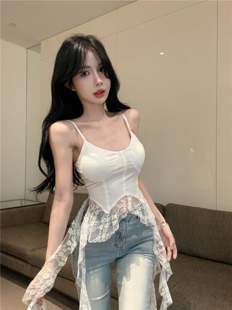 고유 한 아름다운 화이트 불규칙 레이스 밑단 캐미솔 벨트 가슴 패드 여성 인사이드 가져 가라. 만나는 작은 맨위 상세 이미지 5