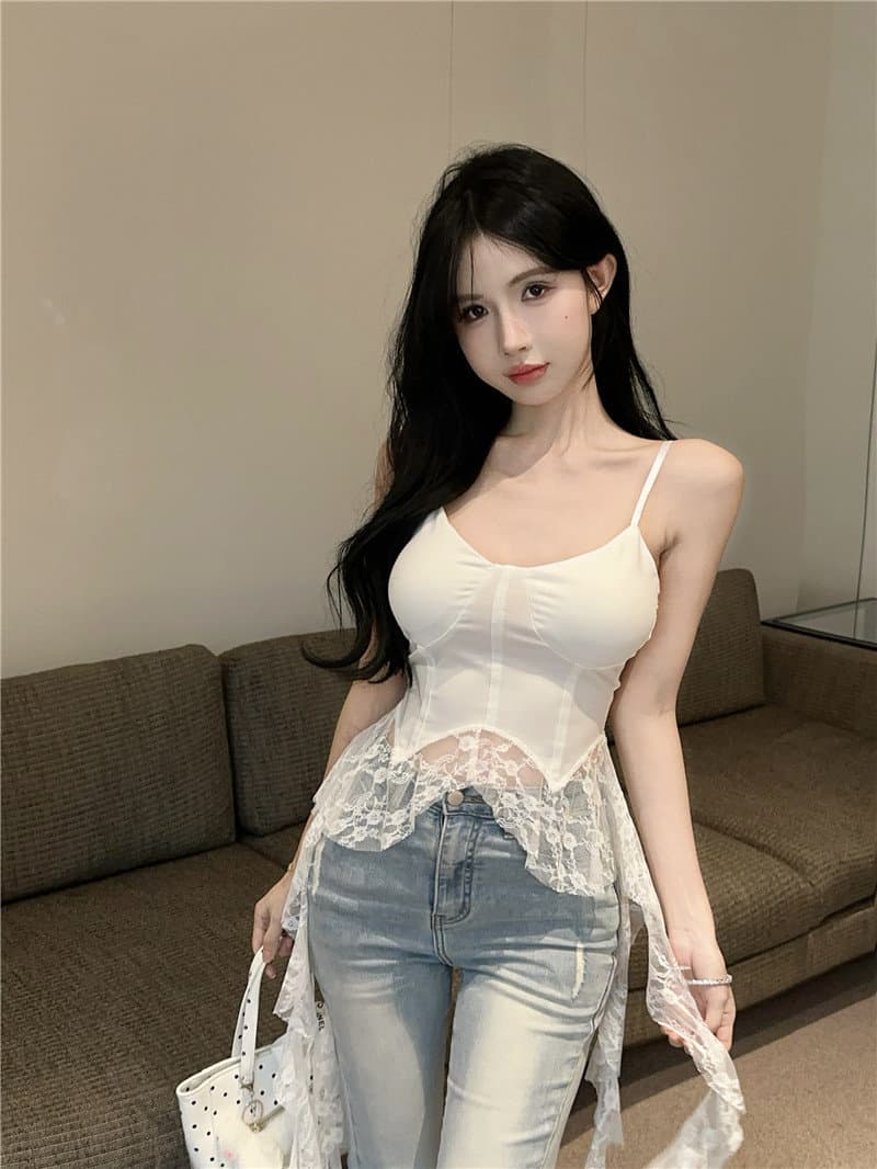 고유 한 아름다운 화이트 불규칙 레이스 밑단 캐미솔 벨트 가슴 패드 여성 인사이드 가져 가라. 만나는 작은 맨위 상세 이미지 9