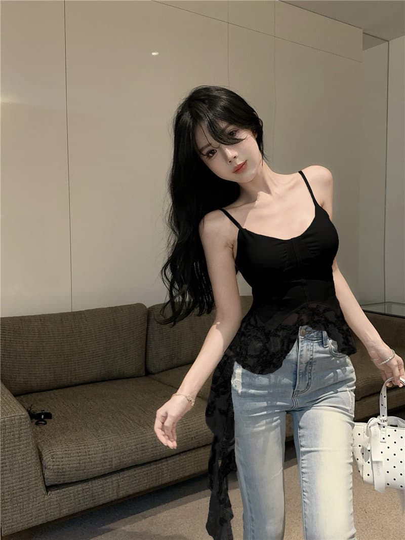 고유 한 아름다운 화이트 불규칙 레이스 밑단 캐미솔 벨트 가슴 패드 여성 인사이드 가져 가라. 만나는 작은 맨위 상세 이미지 15