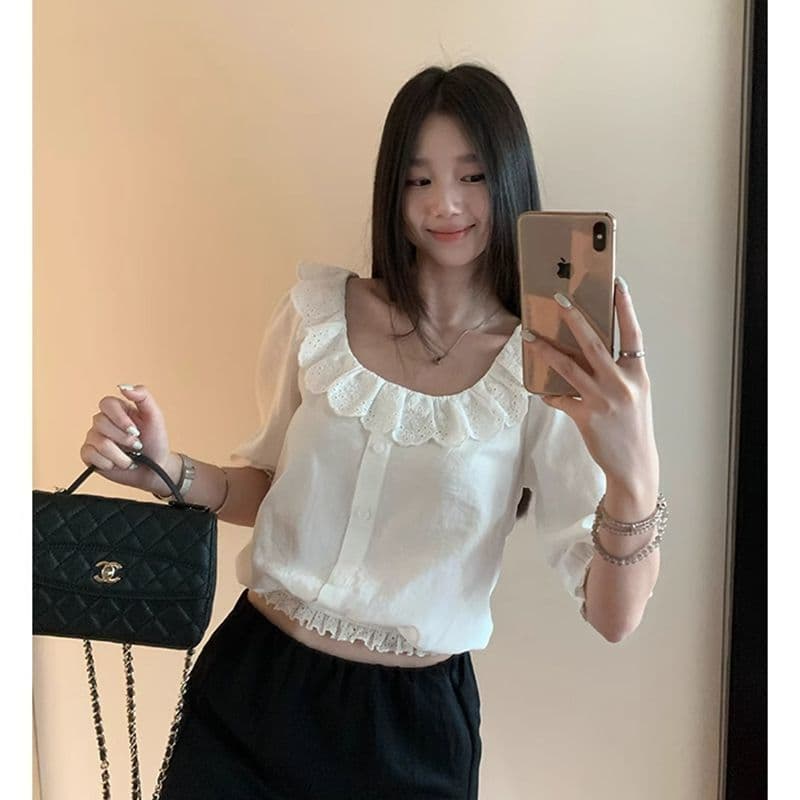 라운드 넥 거품 소매 여성 셔츠 여름 새로운 출퇴근 자수 단색 루즈핏 반팔 맨위 상세 이미지 1