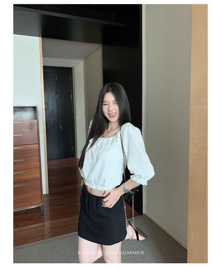 라운드 넥 거품 소매 여성 셔츠 여름 새로운 출퇴근 자수 단색 루즈핏 반팔 맨위 상세 이미지 4