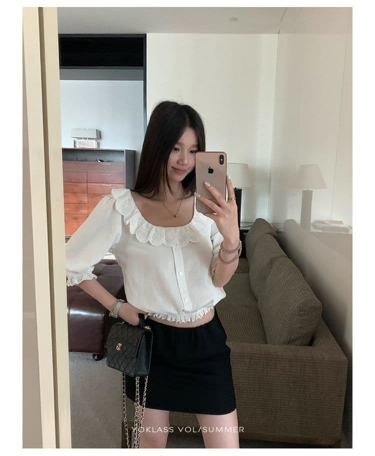 라운드 넥 거품 소매 여성 셔츠 여름 새로운 출퇴근 자수 단색 루즈핏 반팔 맨위 상세 이미지 5
