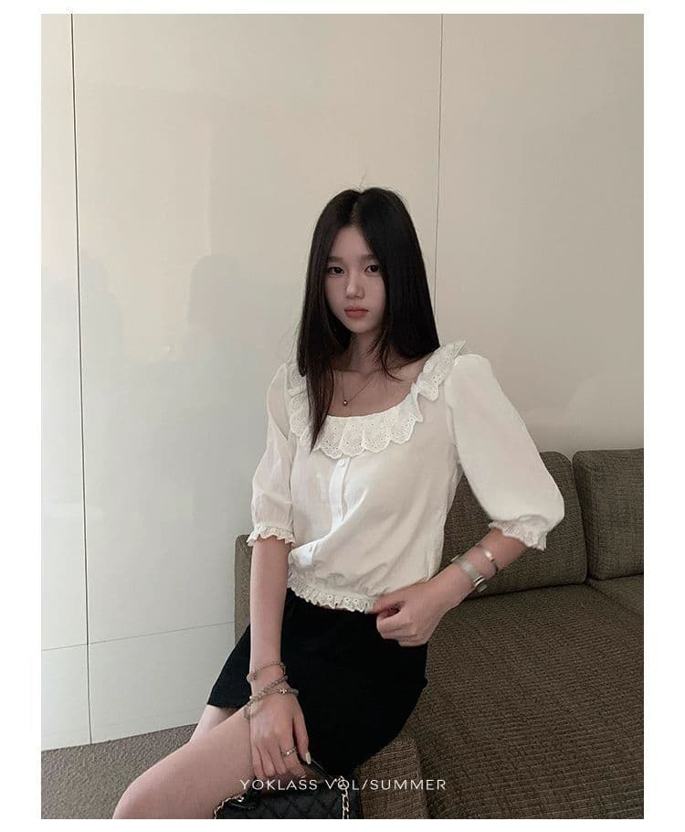 라운드 넥 거품 소매 여성 셔츠 여름 새로운 출퇴근 자수 단색 루즈핏 반팔 맨위 상세 이미지 8