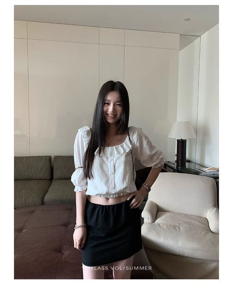 라운드 넥 거품 소매 여성 셔츠 여름 새로운 출퇴근 자수 단색 루즈핏 반팔 맨위 상세 이미지 9
