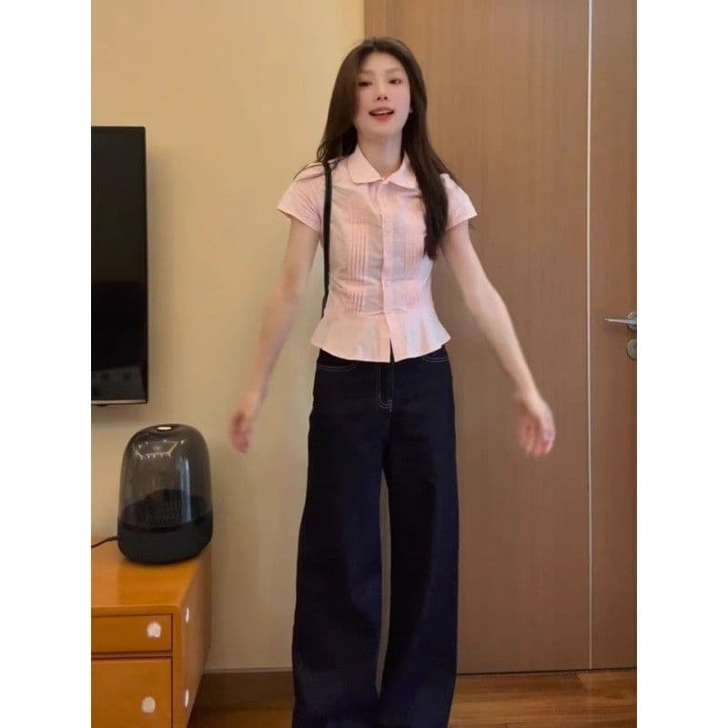 한 부서 연령 감소 핑크색 플리츠 작은 키 반팔 여성 셔츠 여름 2025 새로운 긍정적 인 어깨 허리 수축 연꽃 잎 측면에 이미지 5