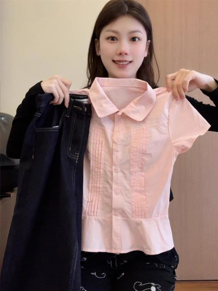 한 부서 연령 감소 핑크색 플리츠 작은 키 반팔 여성 셔츠 여름 2025 새로운 긍정적 인 어깨 허리 수축 연꽃 잎 측면에 상세 이미지 2