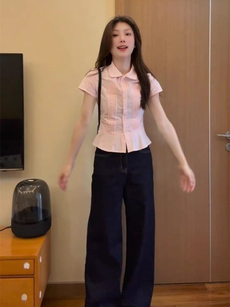 한 부서 연령 감소 핑크색 플리츠 작은 키 반팔 여성 셔츠 여름 2025 새로운 긍정적 인 어깨 허리 수축 연꽃 잎 측면에 상세 이미지 4