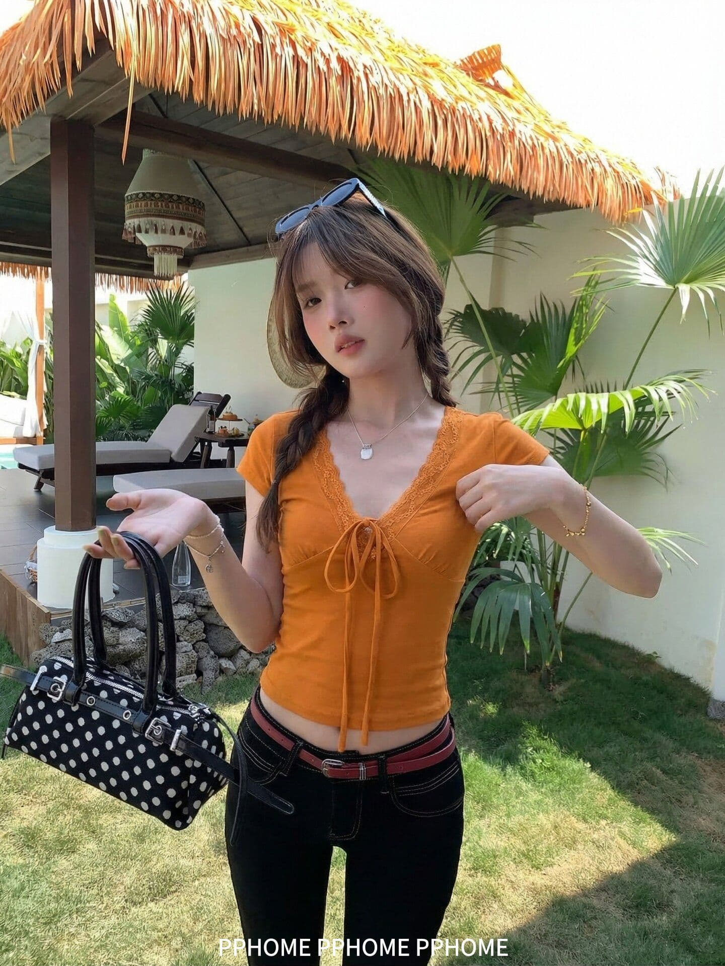 와 사고 방식 한 눈 함락 한 부서 레이스 레이스 V넥 스트랩 반팔 티셔츠 긍정적 인 어깨 몸매 가꾸기 짧은 맨위 상세 이미지 4