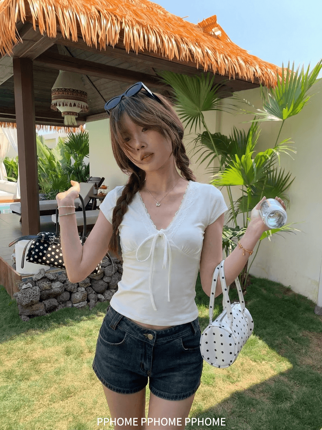와 사고 방식 한 눈 함락 한 부서 레이스 레이스 V넥 스트랩 반팔 티셔츠 긍정적 인 어깨 몸매 가꾸기 짧은 맨위 상세 이미지 6