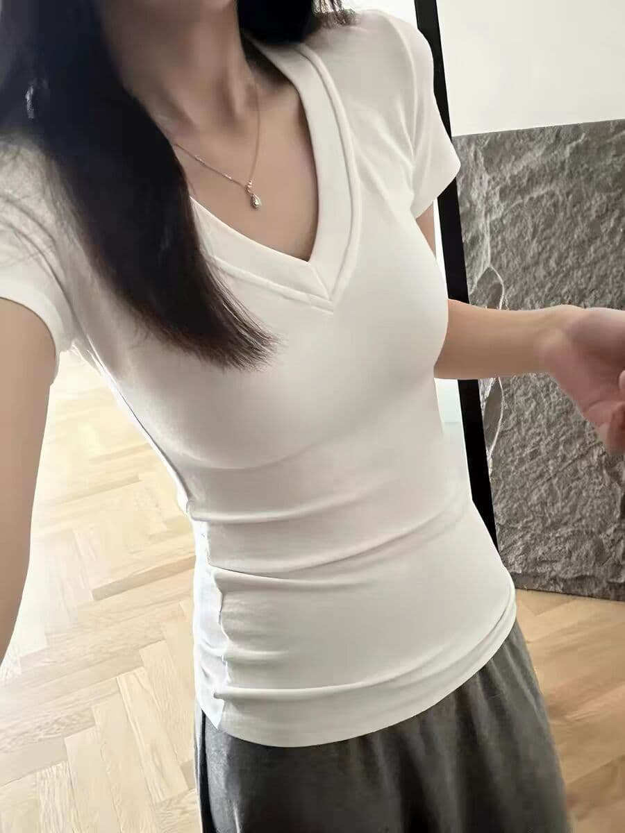 두꺼운 40 좋은 면 1 1 260 그램 한국 스타일 레트로 V넥 티셔츠 몸매 가꾸기 반팔 맨위 상세 이미지 4