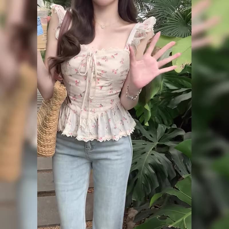 작은 날다 소매 광장 칼라 꽃무늬 여성 셔츠 여름 2026 새로운 프랑스식 디자인 센스 몸매 가꾸기 품격 프릴 맨위 상세 이미지 8