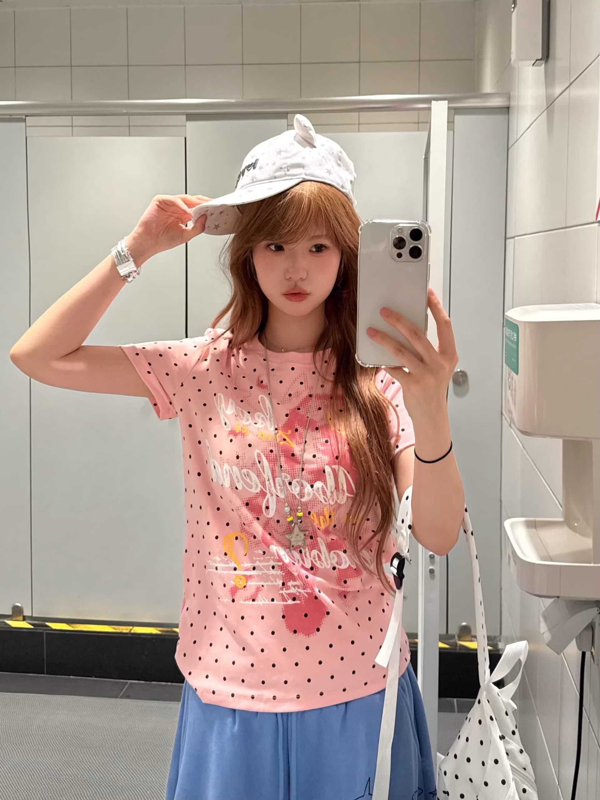 40 220 그램 빗질하다 92 면 8 암모니아 Lun 이후 패키지 칼라 몸매 가꾸기 슬림해 보이는 긍정적 인 어깨 반팔 티셔츠 여성 도트 무늬 상세 이미지 5