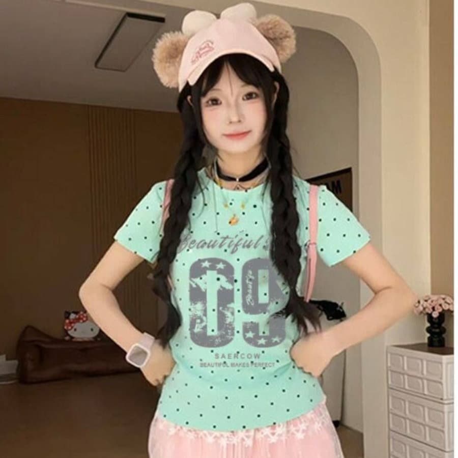 40 210 그램 빗질하다 92 면 8 암모니아 Lun 이후 패키지 칼라 몸매 가꾸기 긍정적 인 어깨 반팔 티셔츠 여성 여름 도트 무늬