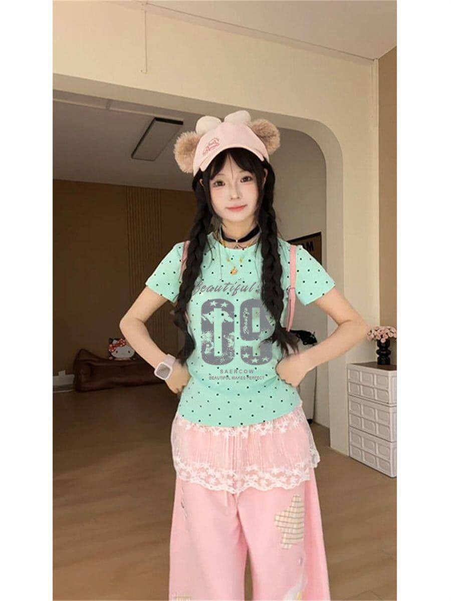 40 210 그램 빗질하다 92 면 8 암모니아 Lun 이후 패키지 칼라 몸매 가꾸기 긍정적 인 어깨 반팔 티셔츠 여성 여름 도트 무늬 상세 이미지 2