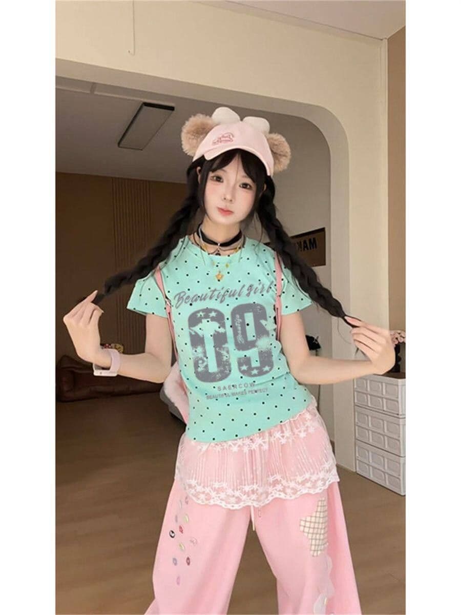 40 210 그램 빗질하다 92 면 8 암모니아 Lun 이후 패키지 칼라 몸매 가꾸기 긍정적 인 어깨 반팔 티셔츠 여성 여름 도트 무늬 상세 이미지 4