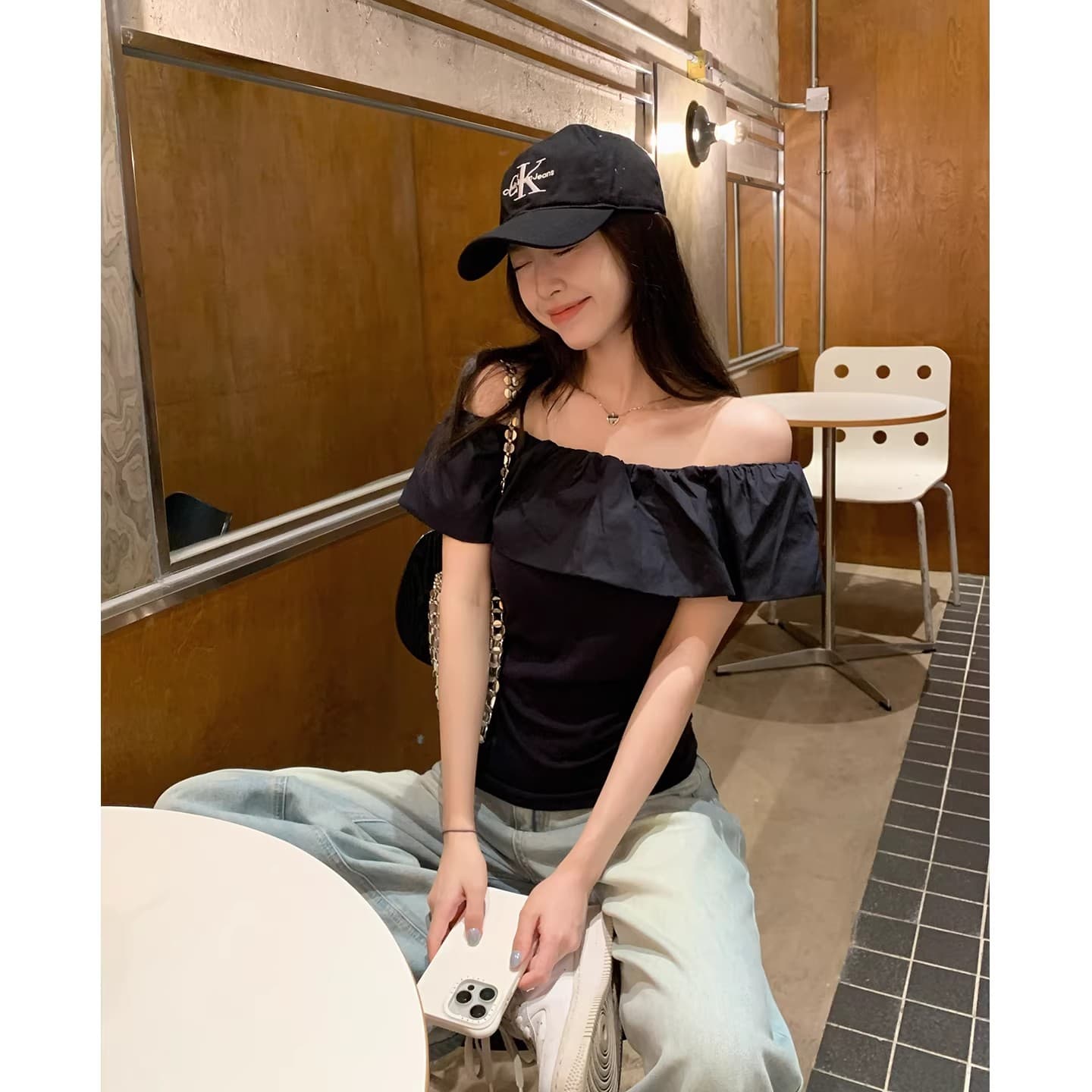 원본 것 2026 프랑스식 프릴 오프숄더 반팔 티셔츠 여성 여름 몸매 가꾸기 슬림해 보이는 오프숄더 맨위 트렌디 이미지 5