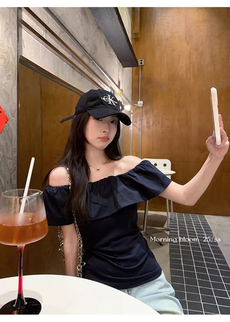 원본 것 2026 프랑스식 프릴 오프숄더 반팔 티셔츠 여성 여름 몸매 가꾸기 슬림해 보이는 오프숄더 맨위 트렌디 상세 이미지 8